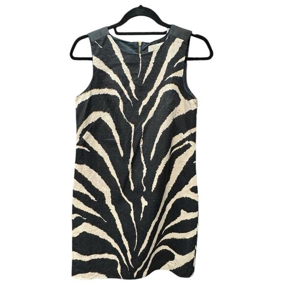 Ann Taylor LOFT Women's Black Cream Dress 6P Tiger Stripe Woven Sleeveless - Picture 1 of 9